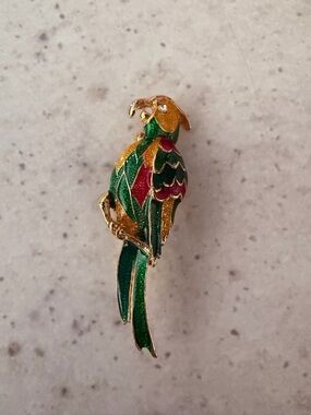 Vintage Gold-Tone Parrot Enamel Brooch in Green and Red